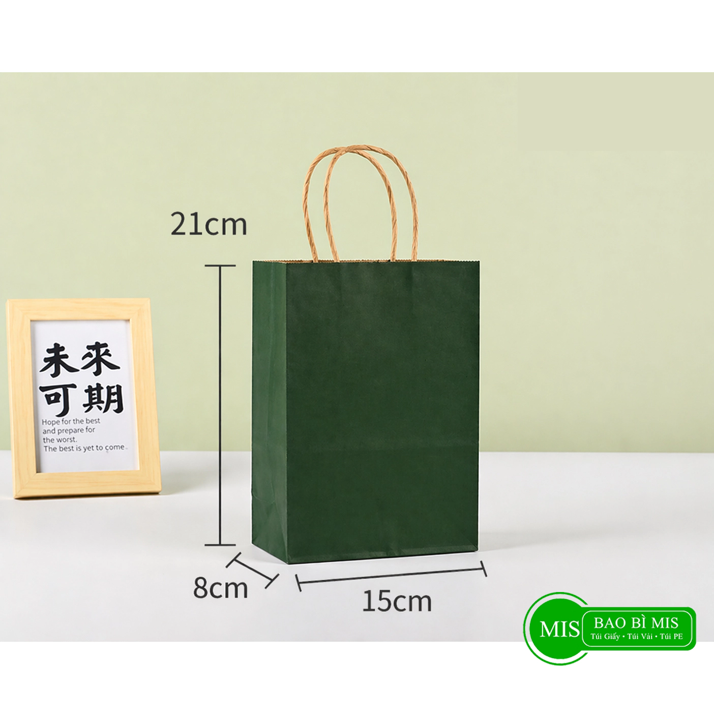 100 Túi giấy xanh lá nhỏ 15x8x21