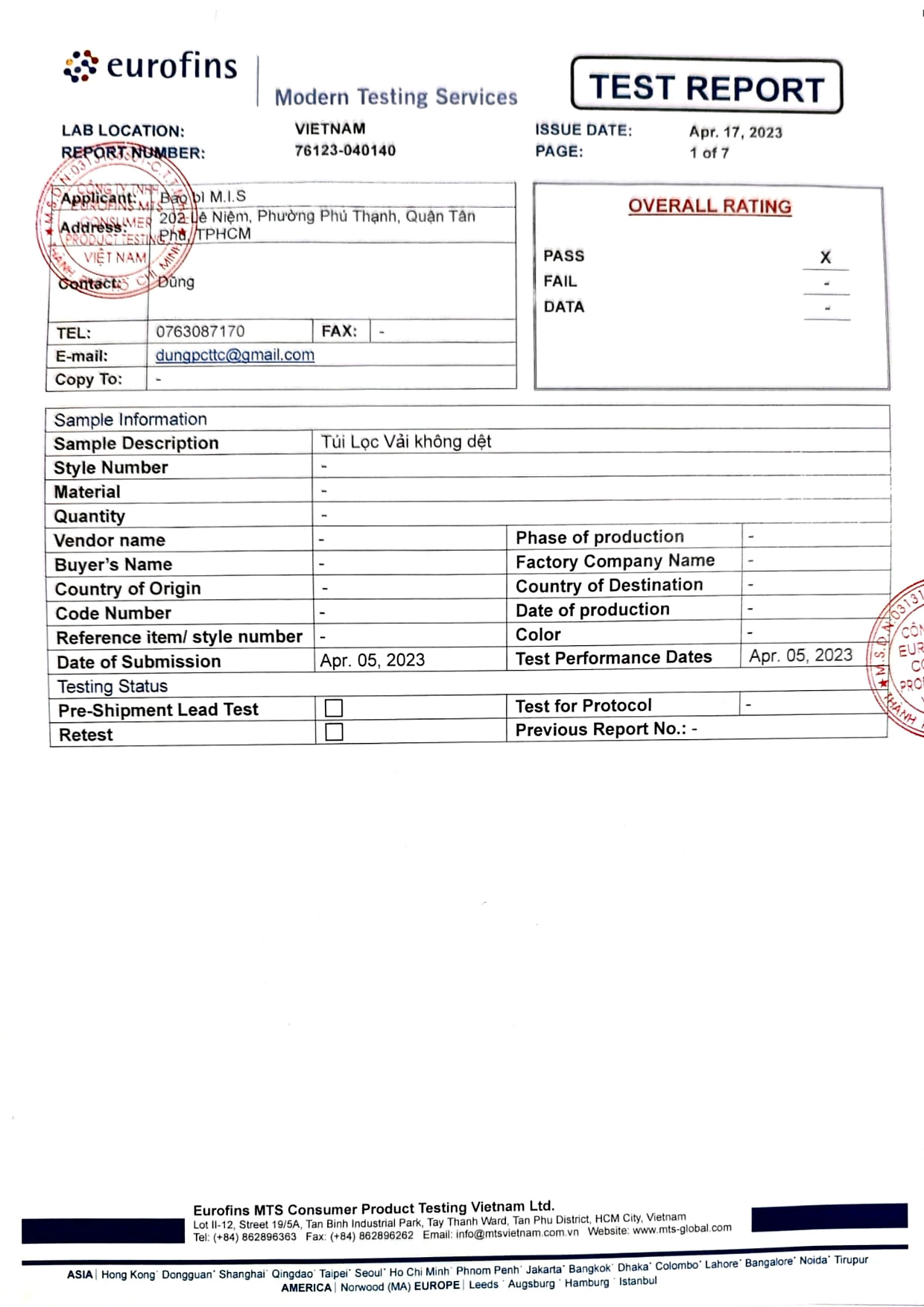 Trang đầu báo cáo kiểm nghiệm 76123-040140
