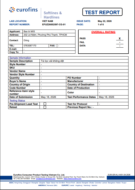 Trang đầu báo cáo kiểm nghiệm EFUZ26052597-CG-01